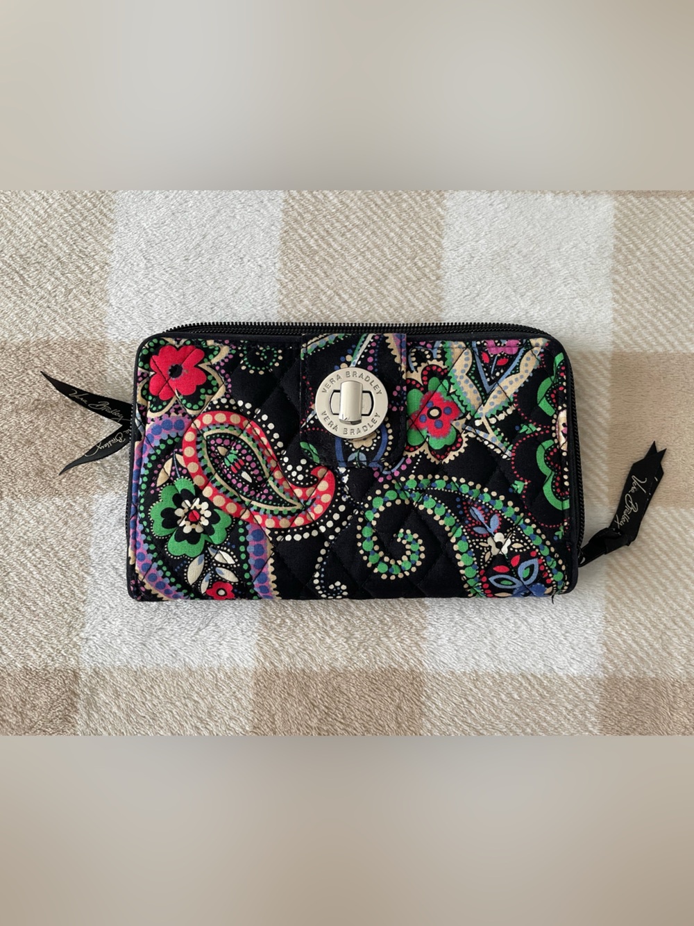 Vera Bradley Black Multi Quilted Zip Around Wallet with Turn-Lock 7.5x4.5 in